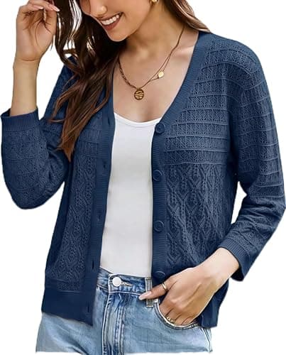 GRACE KARIN Women Lightweigt Crochet Knit Cardigan, 3/4 Sleeve Cropped Shrugs, Spring Button Down Sweaters Tops Dark Blue XL - Image 1