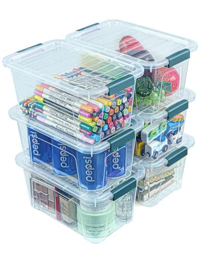 Storage Bins with Lids 6 Pack Clear Storage Containers, 7 Quart Stackable Plastic Containers with Secure Buckle Latch, Durable Storage Box Organizer for Pantry, Closet, Office & Classroom, Blue - Image 1