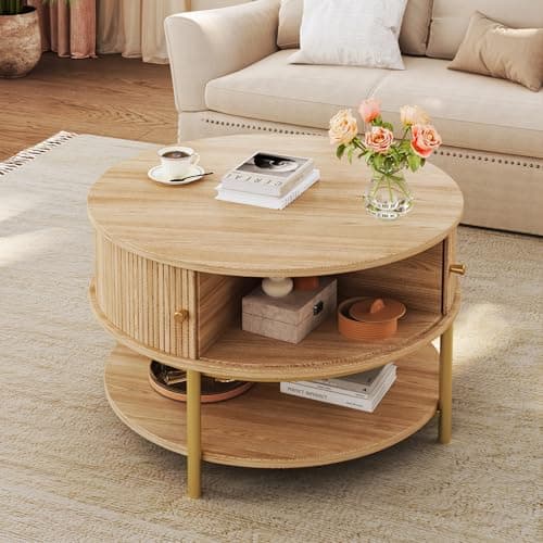 23.6" Round Coffee Table with Storage, 3-Tier Small Round Coffee Table with Sliding Cabinet Door & Round Metal Legs, Mid Century Modern Coffee Tables for Living Room, Oak - Image 1