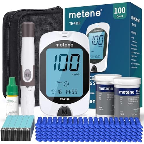 Metene TD-4116 Blood Glucose Monitor Kit, 100 Glucometer Strips, 100 Lancets, 1 Blood Sugar Monitor, Blood Sugar Test Kit with Control Solution, Lancing Device, No Coding, Large Display - Image 1