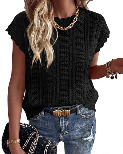 KIRUNDO Sweater Vest Women Crochet Top Cap Short Sleeve Sweater 2026 Spring Summer Cable Knit Pullover Beach Vacation Outfits(Black, Small) - Image 1