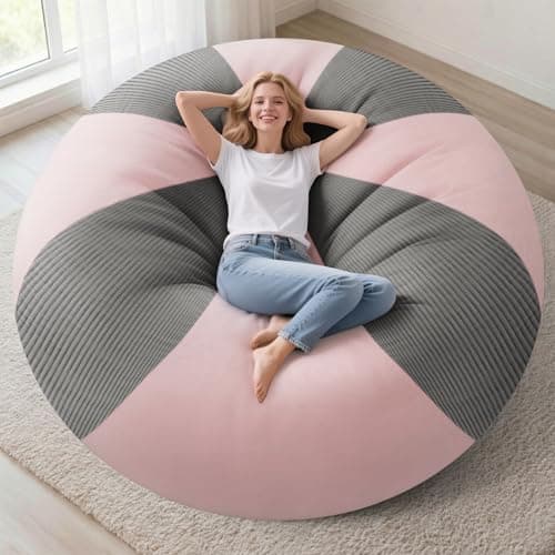 Homguava 6FT Bean Bag Chairs for AdultsTeardrop BeanBag Chair Comfy Memory Foam Bean Bags Two-Tone Distressed Velvet&Corduroy, Washable Cover for Living Room, Home (Corduroy, Light Grey/Pink) - Image 1