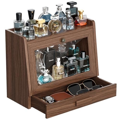 Cologne Organizer for Men,Cologne Stand with Acrylic Door,Large Capacity Ash Wood Cologne Holder Perfume Shelf with Desk & Nightstand Organizer,Mens Husband Birthday Gifts Ideas,Gifts for Men(Walnut) - Image 1