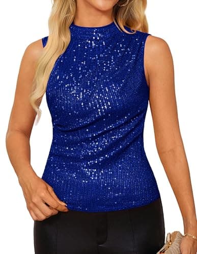 Glitter Shimmer Club Shirts for Women Sparkly Sequin Sleeveless Cami Crop Vest Party Top Tank Tops Blue Large - Image 1