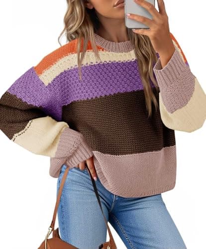 Saodimallsu Womens Color Block Cropped Sweaters 2025 Winter Trendy Casual Oversized Y2k Going Out Striped Pullover Tops Coffee - Image 1