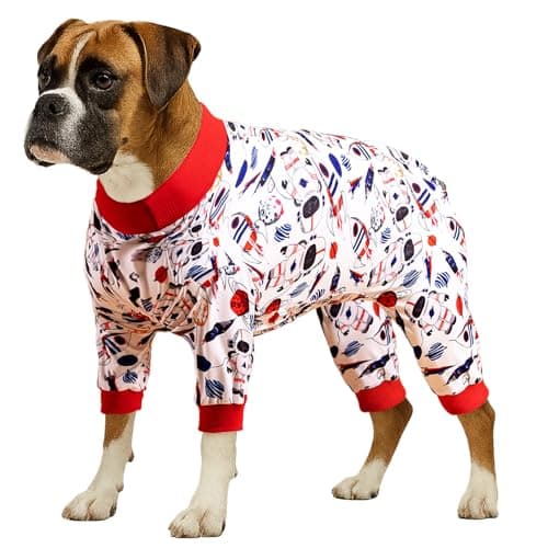 LovinPet Large Dog Outfit - Space Snow Prints, Lightweight Pullover Large Puppy Pajamas, Full Coverage Dog Pjs, Pitbull Onesie, Pet Pajamas for Dogs, Pitbull Clothes, White 2XL - Image 1