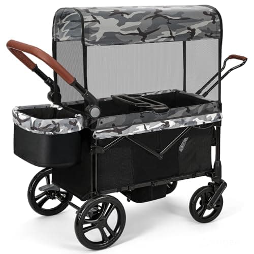ELEMARA All-Terrain Stroller Wagon for 2 Kids, Foldable Kids Wagon Stroller Includes Removable Canopy,Mosquito net, Adjustable Push&Pull Handle,Snack Tray & Cup Holders, Storage Basket, Black+White