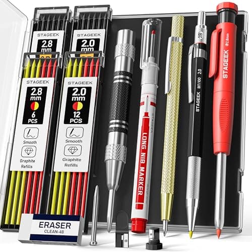 STAGEEK 14 Pack Carpenter Pencil Set with Sharpener, Mechanical Carpenter Pencils with 60 Refills, Deep Hole Long-Nib Marker Pens, Carbide Scribe Tool & Construction Pencils for Architect with Case - Image 1