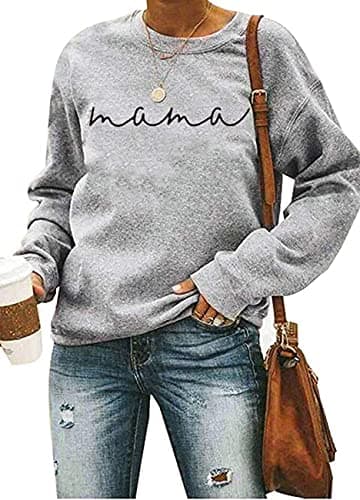 QICAISH Women Lightweight Sweatshirt Tshirt Mama Letter Print Long Sleeve Casual Crewneck Pullover Tops (Light Grey, M) - Image 1
