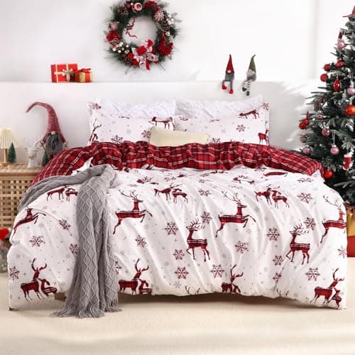 STARBEDIA Christmas Duvet Cover King, Soft Brushed Microfiber Comforter Cover Sets, Reindeer Printed Holiday Theme Bedroom Decorative Bedding (King Size, Red Plaid Deer) - Image 1