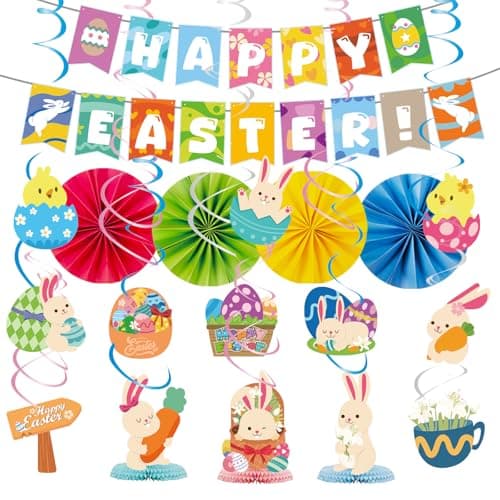 Lednica Easter Party Decorations, 29Pcs Spring Decor with Happy Easter Banner, Bunny Centerpiece Paper Fans for Spring Home Office Classroom & Egg Hunt Party Supplies - Image 1