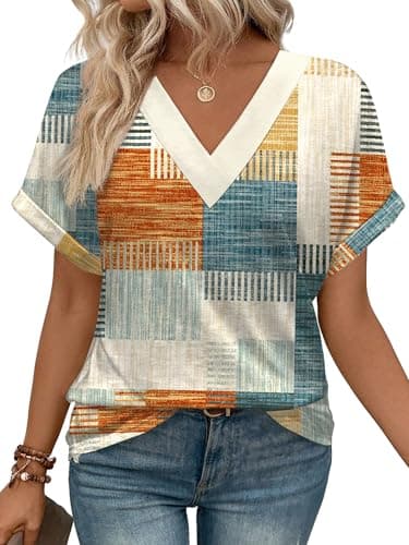 WIHOLL Summer Tops for Women 2026 Trendy Short Sleeve Dressy V Neck Spring Break Essential Vacation Clothes Blouses Casual Outfits Multicolor M - Image 1
