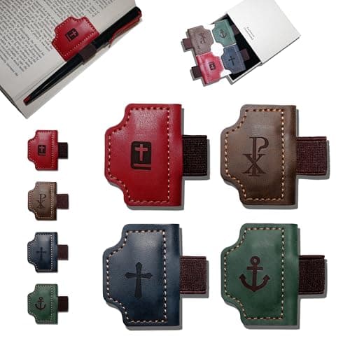 Buyborgood 4 Pcs Personalized Magnetic Leather Bookmark Pen Holder Book Lovers Christian Gifts Bygone Mark for Reading, Red-Bible + Coffee-Chi-Rho + Blue-Cross + Green-Anchor