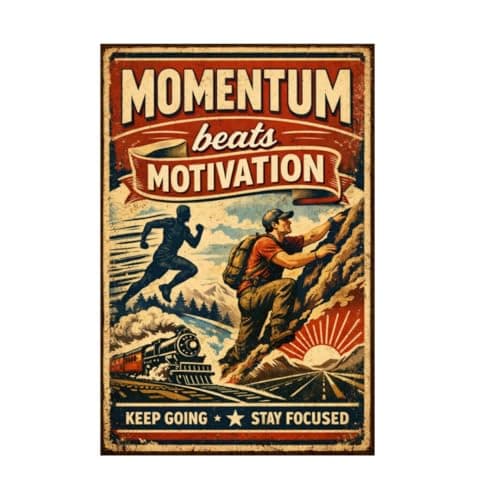Vintage Tin Sign - Momentum Beats Motivation – Inspirational Metal Art Poster for Home, Office, Gym, Workshop – Motivational Quote for Focus & Determination – 8x12 Inch - Image 1