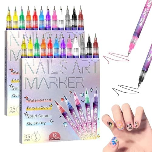 Nail Art Pens, 2-Pack 12 Colors Each (24 Pens Total) 0.5mm Fine Tip Water-Based Quick-Dry Pens for DIY Nail Design, Doodles & Outlines – Perfect for Kids, Teens & Beginners - Image 1