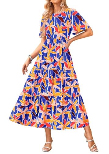 KIRUNDO Summer Floral Dresses for Women 2026 Casual Flutter Short Sleeve Midi Trendy Spring Modest Crew Neck Smocked Tiered A Line Flowy Beach Party Dresses - Image 1