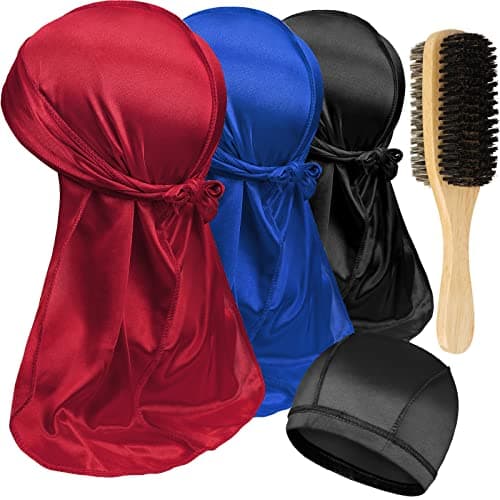 3PCS Silky Durags with Double Sided Brush for Men Wave, Satin Doo Rags for 360, 540, 720 Waves, Award 1 Wave Cap (red+blue+black) - Image 1
