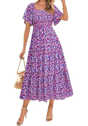 BTFBM Women's Clothing Wedding Guest Dresses Casual Boho Floral Short Sleeve Smocked Maxi Beach Spring Summer Dress 2026(Floral Purple, Large) - Image 1