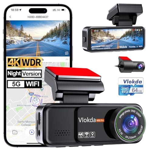 Vlokda Dash Cam Front and Rear, 4K + 1080P Dual Dash Camera for Cars with 64GB Card, Built-in GPS, 5.8GHz WiFi, 3.2" IPS Screen, 24H Parking Mode,Loop Recording, WDR, Night Vision - Image 1