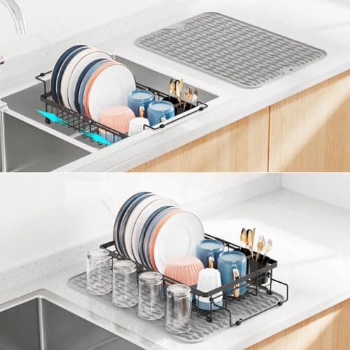 iSPECLE Expandable Dish Drying Rack with Silicone Mat for Sink or On Counter, Rust Resistant Adjustable Dish Drainer with Tightening Knob, Arms with Non Slip Rubber, 12.8" W x 12.4"-17.1" L, Black - Image 1