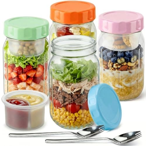 Salad Jars with Lids Meal Prep Containers Glass - 32oz Leakproof Mason Jars Salad Containers with Dressing Cup for Lunch Bentgo, Full Meal Salads Lunch Containers with Spoon Forks for Adults - Image 1