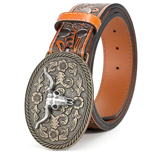 SANSTHS Western Cowboy Belt for Men Longhorn Bull Buckle Belt Womens Western Floral Engraved Leather Belts for Jeans, Brown - Image 1