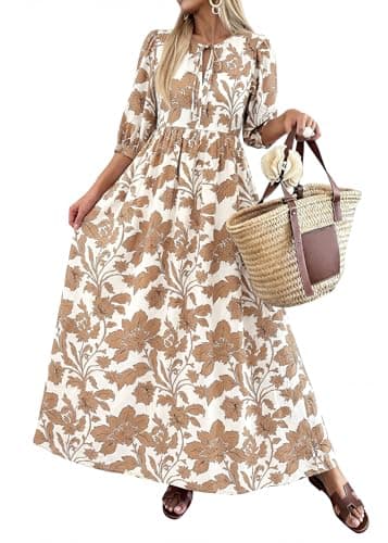 KIRUNDO Women Summer Beach Vacation Wedding Guest Dresses 2026 Spring Boho Floral 3/4 Sleeve Loose Cruise Flowy Maxi Dress(Khaki, Small) - Image 1