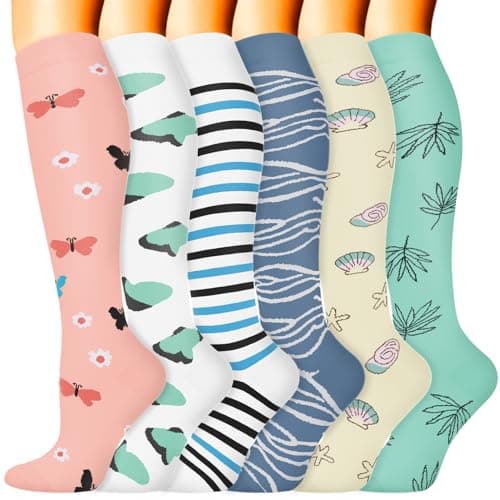 Sooverki Compression Socks for Women & Men 6 Pairs is Best Supportive Knee High Stockings for Summer Travel Pink White Green Blue Set Dress Outfits Weather Cute Pretty Flower Cushioned - Image 1