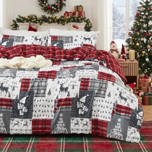 CAROMIO Christmas Comforter Set King Size, Reversible Printed 3 Pieces Bed Set Holiday Decorative Bedding, Soft Microfiber Fabric, 1 Comforter and 2 Pillow Shams (Christmas Plaid, King) - Image 1