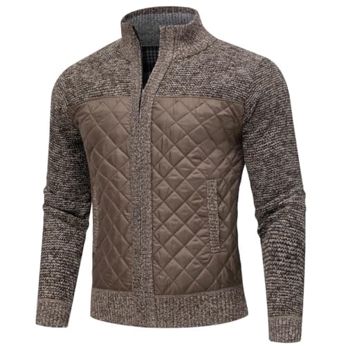 AKuVoL Men's Sweater Knit Long Sleeve Stand Collar Full Zipper Outerwear Casual Regular Fit Cardigan Coffee S - Image 1