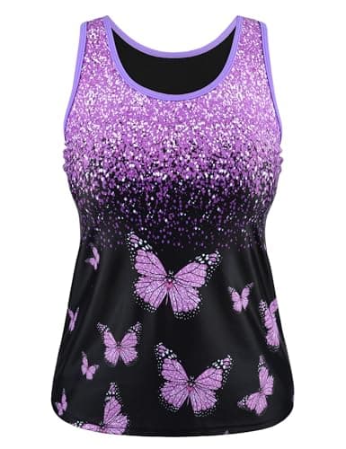 Firpearl Women Tankini Bathing Suit Top Tummy Control Swimsuit Top Modest Swim Tank Top Only XL/12-14 Purple Butterfly Ombre - Image 1