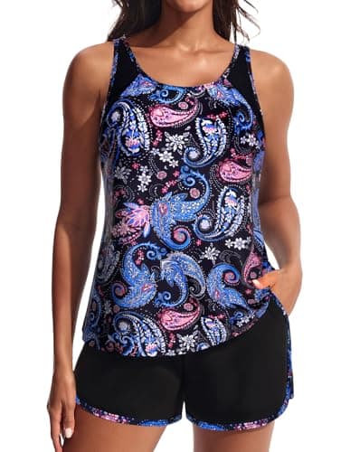 Hanna Nikole 2026 Blouson Women's Tankini Swimsuits Loose Fit 2 Piece Floral Beachwear with Hign Waisted Bottom Red Blue Paisley XL - Image 1