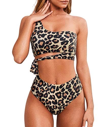 MOOSLOVER Women One Shoulder High Waisted Bikini Tie High Cut Two Piece Swimsuits(XL,Leopard) - Image 1