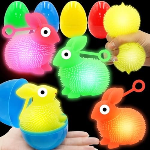 Yanruyu 6 Pack Jumbo Easter Eggs Filled 4" LED Bunny Puffer Balls, Light Up Squeeze Balls Stress Relief Fidget Toys Glow in The Dark Easter Eggs Easter Hunt Party Favors Basket Stuffers (Rabbit +Egg) - Image 1