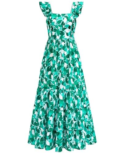 dowerme Summer Dresses for Women 2026 Casual Ruffle Smocked Tiered A-Line Boho Floral Maxi Beach Sun Dress with Pockets(Floral White Green,Medium) - Image 1