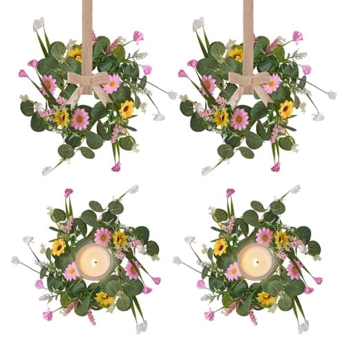 11.8 Inch Spring Summer Wreath, 4 Pcs Small Wreath Decorations with Daisy & Eucalyptus Leaves & Grass for Home, Door, Porch, Table, Candle Rings, Wall, Window, Cabinets(4, Spring Summer Wreath - Image 1