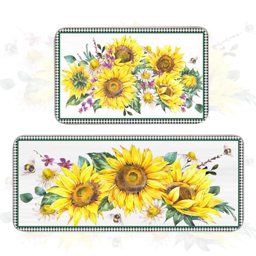 Vetoxka Sunflower Kitchen Decor Rugs Set of 2, Spring Summer Mat Rubber Back Washable Low-Profile Floor Mats, Runner Rug Bee Daisy Floral Plaid Farmhouse Home Decor, Office, Laundry, Doormat, Gifts - Image 1