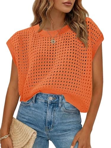 Saodimallsu Womens Crochet Sweaters Summer Cap Sleeve Knit Tops Lightweight Crewneck Beach Vacation Clothes Orange - Image 1