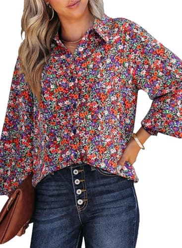 Dokotoo Womens Long Sleeve Tops for Women Work Business Button Down Ladies Blouses and Tops Loose Fit Dressy Allover Floral Print V Neck Office Boho Tunic Top 2026 Trendy Fall Outfits Purple Large - Image 1