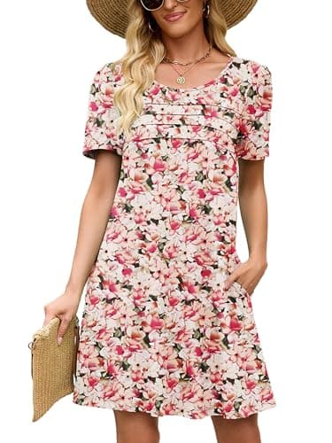 Heymoments Women's Short Sleeve Dress Floral Print Large Crewneck Casual Loose Flowy Above Knee Length Sundress Business A Line Shirt Teachers Summer Novelty Dresses with Pockets - Image 1