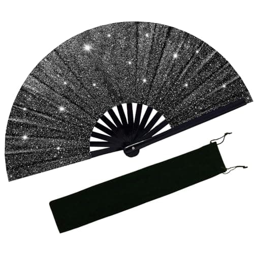 EOSAU Large Glitter Rave Fan Folding Hand Fans for Line Dancing Portable Handheld Clack Fan for Festival EDM Party Music Outfit Accessories (13" Black 01) - Image 1