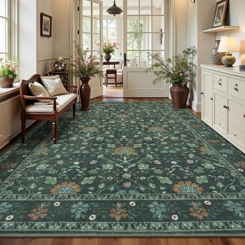 Vibrug 9x12 Area Rugs for Living Room, Floral Vintage Washable Rugs, Soft Boho Non-Slip Low Pile Carpets, Large Area Rug for Dining Room Bedroom Farmhouse Home Indoor Nursery, Dark Green - Image 1