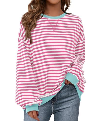 BTFBM Sweatshirt For Women 2026 Summer Crewneck Long Sleeve Oversized Striped Pullover Tops Y2K Clothes Workout Shirt(Pink White, X-Small) - Image 1