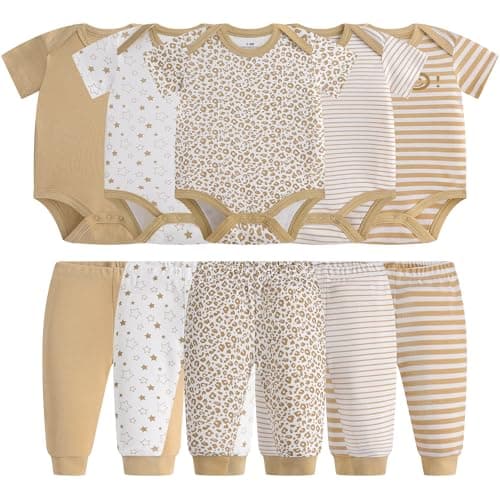 Baby Newborn Layette 10-Piece Set Cotton Bodysuits Short Sleeve Pants Sets Striped Printed for Baby Boys Girls Toddler Unisex Baby Gift Sets for 9 12 Months - Image 1
