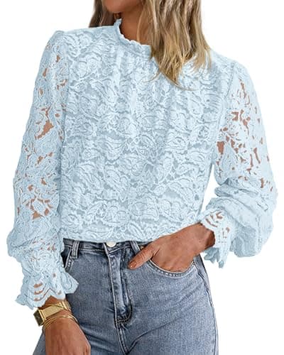 KIRUNDO Blouses for Women Dressy Casual Lace Long Sleeve Tops Mock Neck Ruffle Hem Shirts Fall Fashion Clothes(Blue, X-Large) - Image 1