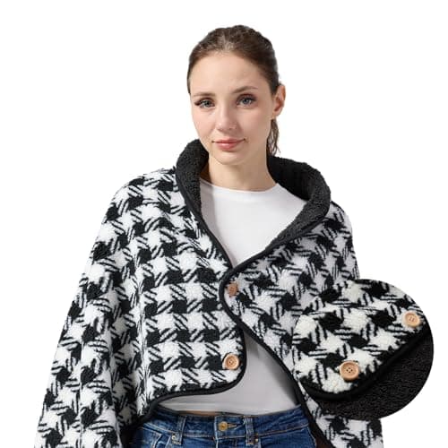 SHINEDOOR Jacquard Sherpa Wearable Blanket Lap Blanket Comfy Poncho Throw with Wooden Buttons Fleece Wearable Blankets for Women Soft Winter Shawl Gifts & Home Black & White Checkered - Image 1