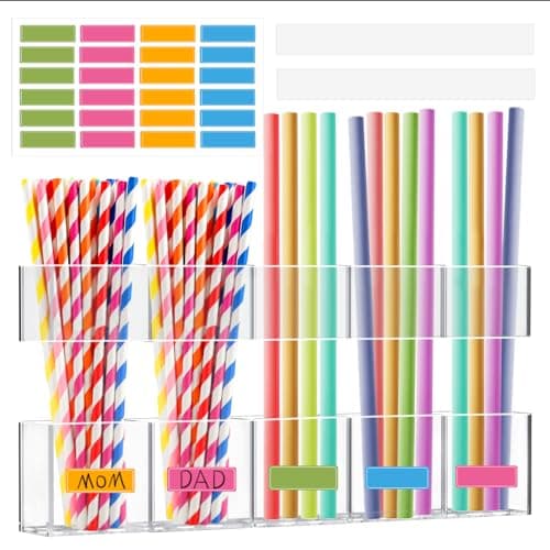 Straw Holder for Cabinet Door - 9.5'' Acrylic Straw Organizer with Adhesive Tape & Stickers, Transparent Straws Storage Container for Cabinet, Straws Dispenser for Counter Cupboard Home Kitchen Cafe - Image 1