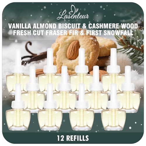 Plug in Air Freshener Refills – Vanilla Almond Biscuit, Cashmere Wood, Fresh Cut Fraser Fir & First Snowfall Scents for Home, 12 Pack, Compatible with Air Wick & Glade, Not Include Glade Plus - Image 1