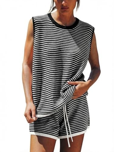 EXLURA Women's Sleeveless Sweater Set 2 Piece Outfits Striped Crewneck Knit Tank Tops and Shorts Summer Sporty Lounge Sets - Image 1
