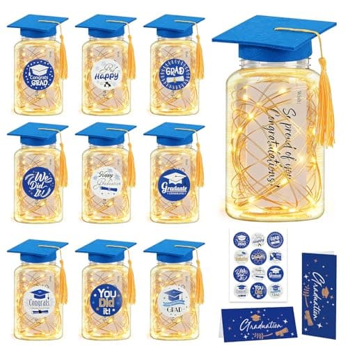 9 Pcs Graduation Centerpieces for Tables with LED Lights, Class of 2026 Graduation Tables Decorations, Mason Jar Style with String Lights, Caps, Note Cards, Stickers & Adhesive Spots(Blue) - Image 1